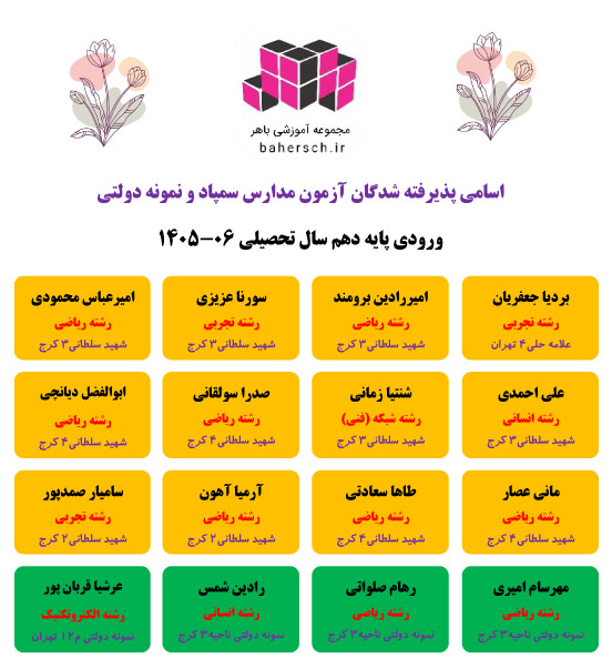 اسامی پذیرفته شدگان آزمون مدارس سمپاد  و نمونه دولتی (ورودی دهم) سال تحصیلی 06-1405 مجموعه آموزشی باهر
